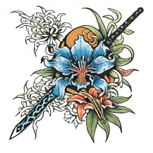 katana and blue spider lily tattoo design idea