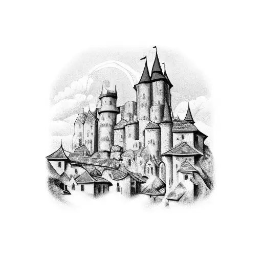 A detailed illustration of a medieval town with a hidden Iron Maiden concert happening in the background tattoo design idea