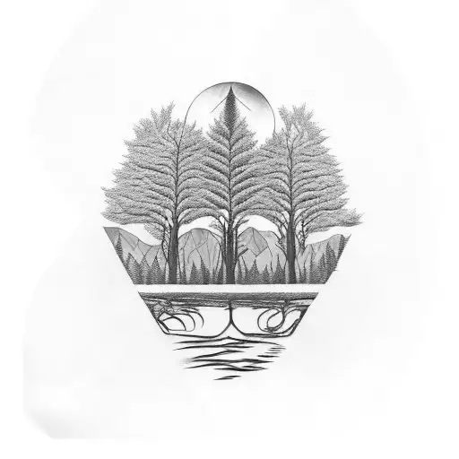 A surrealistic scene of a forest with hidden references to Pink Floyd lyrics tattoo design idea