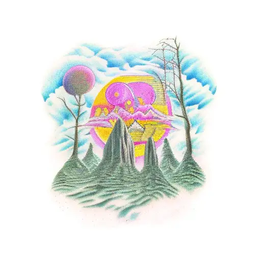 A surrealistic scene of a forest with hidden references to Pink Floyd lyrics tattoo design idea
