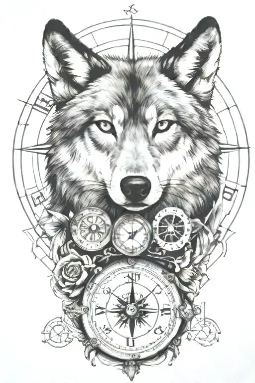 wolf,clock,compass tattoo design idea