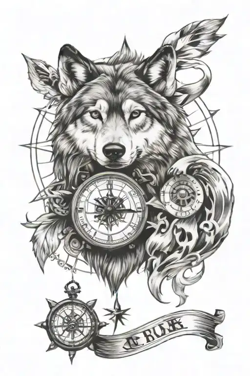 wolf,clock,compass tattoo design idea