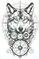 wolf,clock,compass tattoo design idea