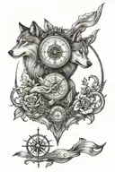 wolf,clock,compass tattoo design idea
