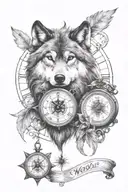 wolf,clock,compass tattoo design idea