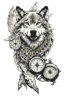 wolf,clock,compass tattoo design idea
