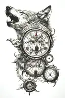 wolf,clock,compass tattoo design idea