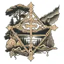 mountain/forest with cross through the middle with the date VIII・XXIV・MMXXIV in the cross tattoo design idea