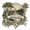 mountain/forest with cross through the middle with the date VIII・XXIV・MMXXIV in the cross tattoo design idea