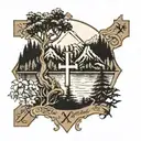 mountain/forest with cross through the middle with the date VIII・XXIV・MMXXIV in the cross tattoo design idea