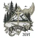 mountain/forest with cross through the middle with the date VIII・XXIV・MMXXIV in the cross tattoo design idea