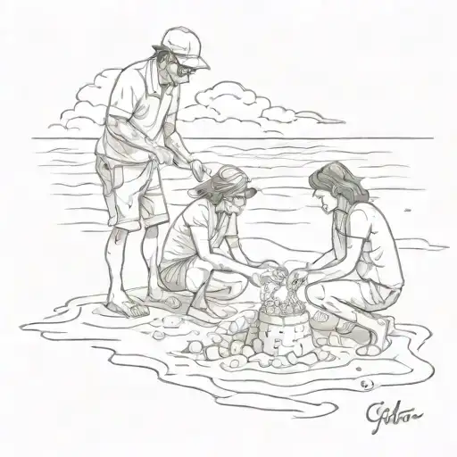 A beach scene with a father and daughter building sandcastles together, representing the client's love for their daughter and favorite vacation spot tattoo design idea
