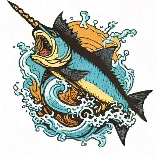 marlin jumping out of water with beer can on beak tattoo design idea
