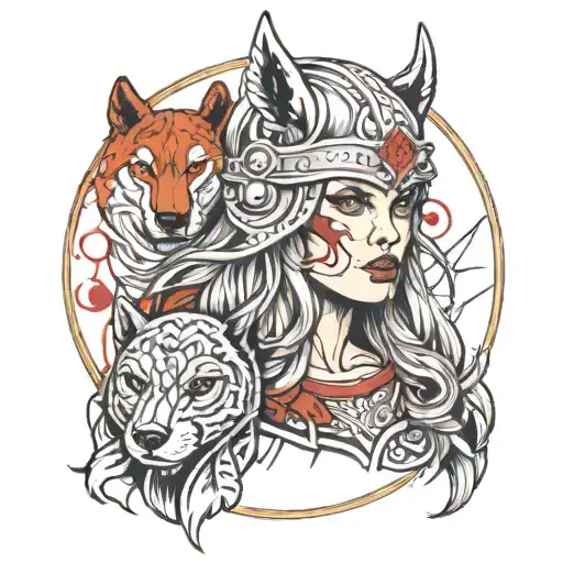 create a Viking shield maiden that is bleeding with a wolf helmet tattoo design idea