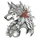 create a Viking shield maiden that is bleeding with a wolf helmet tattoo design idea