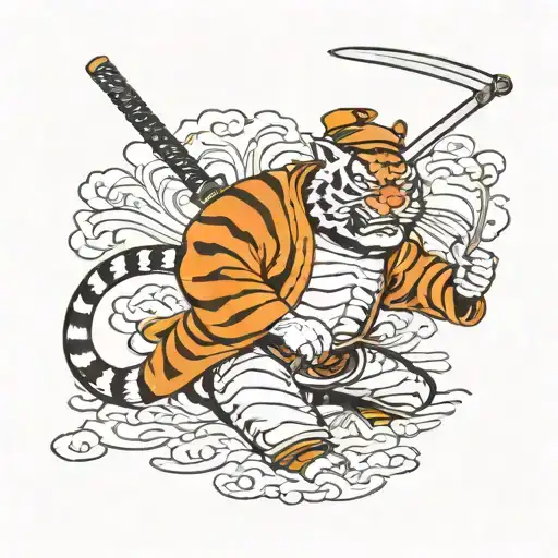 A shogun with mask and hat and a katana in his hand attacking a tigger tattoo design idea