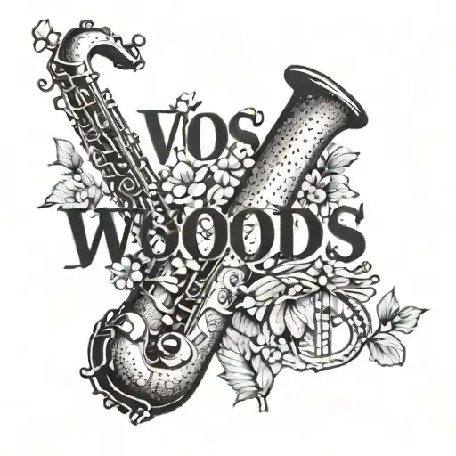 the word 'Woods' with the 'd' as a saxophone intertwined tattoo design idea