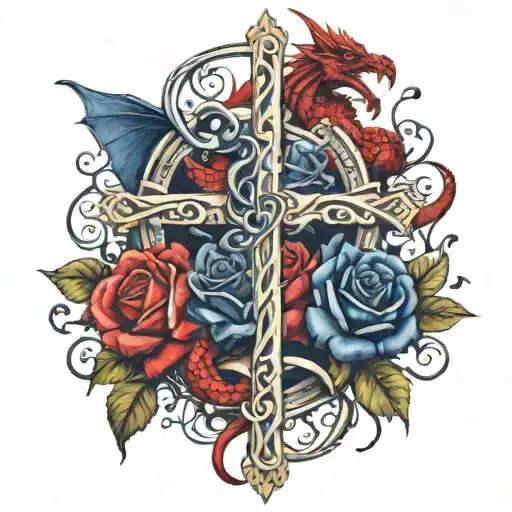 cross intertwined with musical notes and dark blue roses incorpoarted with a red dragon and the word family  tattoo design idea