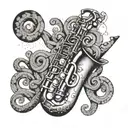 the word 'Wods' with the 'd' as a saxophone intertwined tattoo design idea