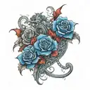 family in cursive with blue roses and hearts in smoke and red dragon incorpoarted with cross tattoo design idea
