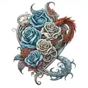 family in cursive with blue roses and hearts in smoke and red dragon incorpoarted with cross tattoo design idea