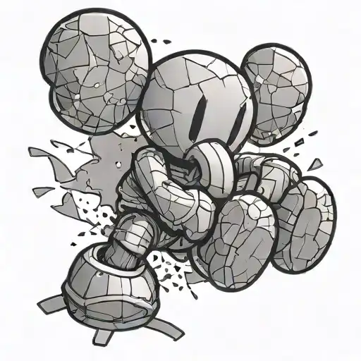 A black and grey tattoo of a shattered kaws toy with the words 'fuck love' subtly incorporated into the design  tattoo design idea
