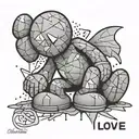 A black and grey tattoo of a shattered kaws toy with the words 'fuck love' subtly incorporated into the design  tattoo design idea