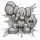 A black and grey tattoo of a shattered kaws toy with the words 'fuck love' subtly incorporated into the design  tattoo design idea