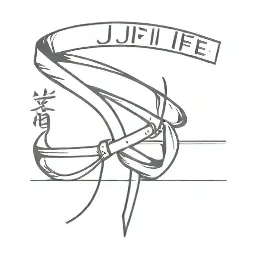 A minimalist design of a jiujitsu belt with the words 'jiujitsu life' in Japanese kanji tattoo design idea