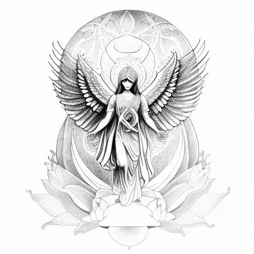 beautiful archangel with lotus flower, moon and light language symbols tattoo design idea