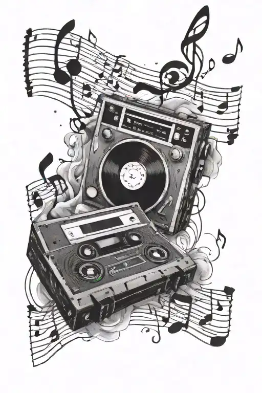 music notes, cassette tapes, vinyl, tattoo design idea