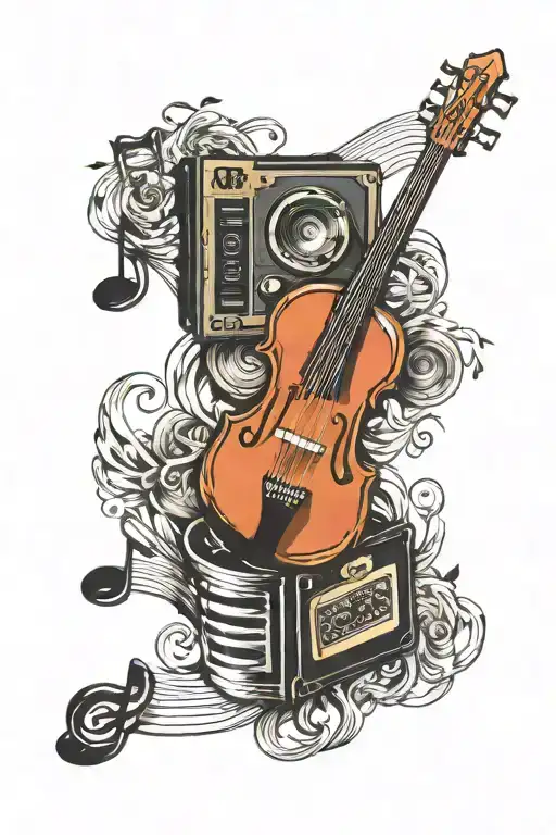 music notes, cassette tapes, vinyl, tattoo design idea