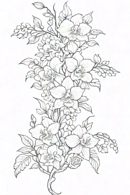 full length thin spine tattoo with orchids, roses, carnations, jasmine, callayilies and lavender on a vine tattoo design idea