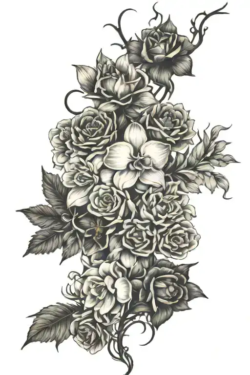 full length thin spine tattoo with orchids, roses, carnations, jasmine, callayilies and lavender on a vine tattoo design idea
