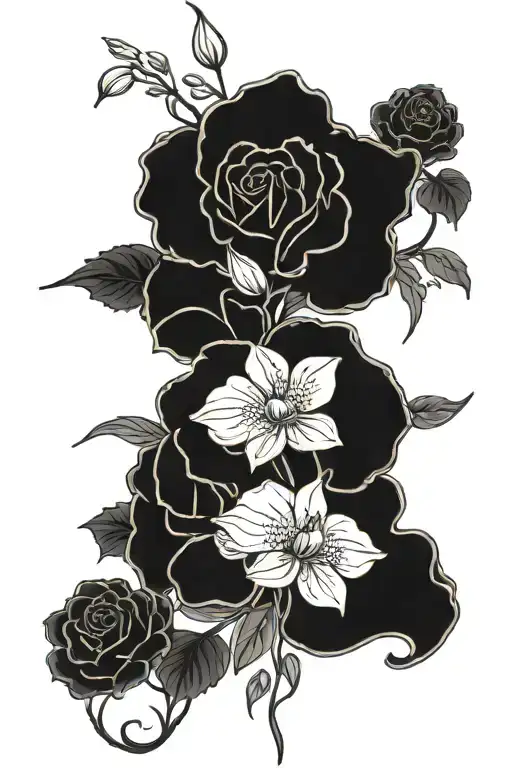 full length thin spine tattoo with orchids, roses, carnations, jasmine, callayilies and lavender on a vine tattoo design idea