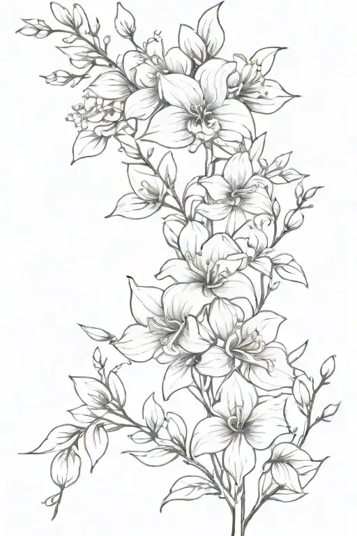 full length thin spine tattoo with orchids, roses, carnations, jasmine, callayilies and lavender on a vine tattoo design idea