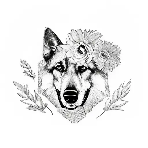 a german shepherd dog reading a communist Das Kapital book with flowers arounding tattoo design idea