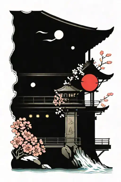 japenese cherry blossoms with temple, sun, bridge and river tattoo design idea