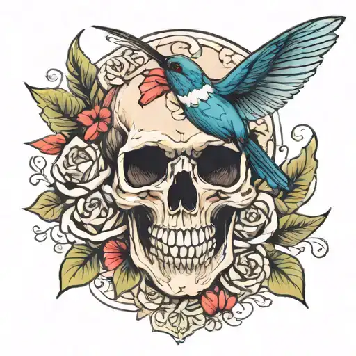 skull soft and hummingbird tattoo design idea