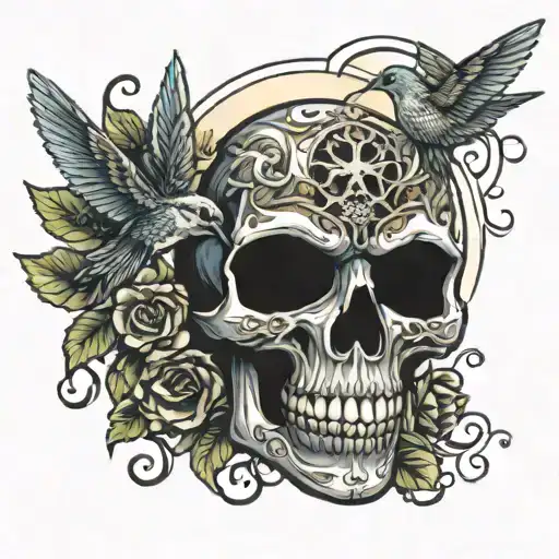 Skull sun, hummingbirds cempasúchil  tattoo design idea