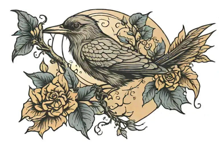 moon, bird, spiritual, earthy elements tattoo design idea
