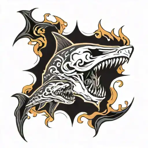 skull sharks and flames tattoo design idea