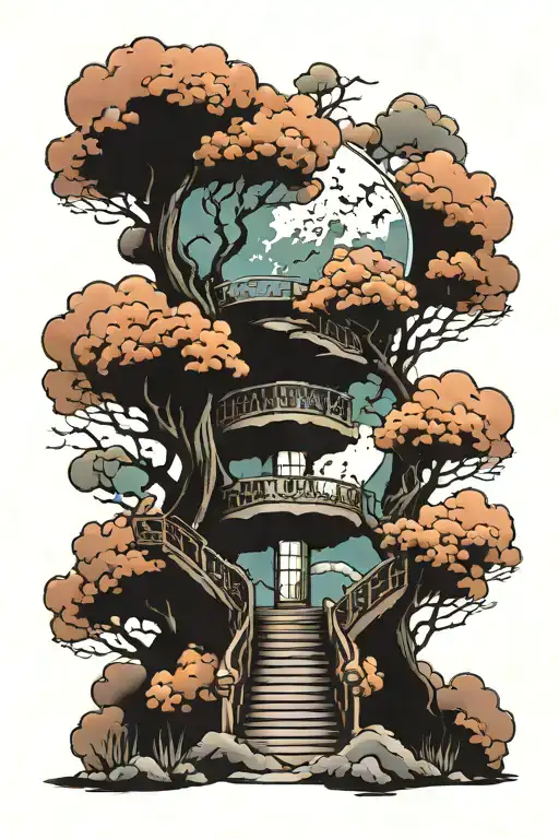 hidden staircase clouds moon mist tattoo design idea