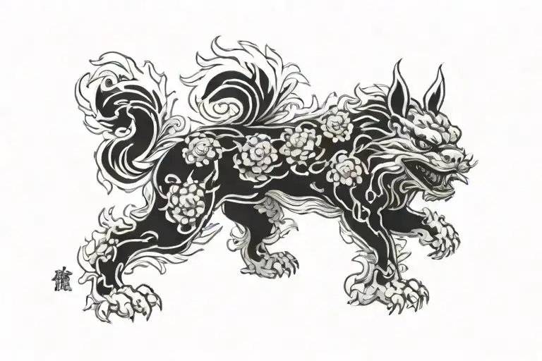 foo dog , fire rabbit with hanya mask, chrysanthemum flower , elements , turtle  tattoo design idea