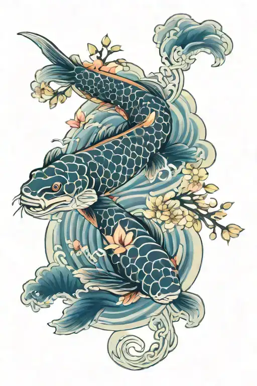 koi fish, turtle, plum blossom,water waves, lotus flower, water dragon    tattoo design idea