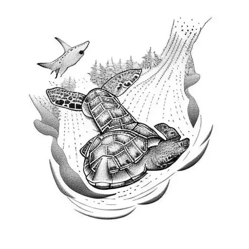A dotwork tattoo of a waterfall surrounded by lush plants and animals, including a turtle and a stingray. tattoo design idea