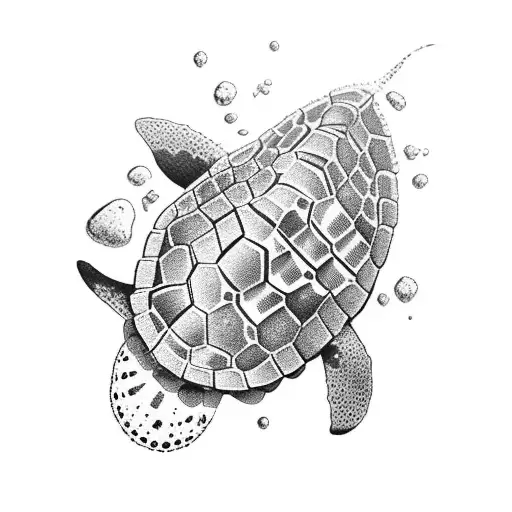 A dotwork tattoo of a waterfall surrounded by lush plants and animals, including a turtle and a stingray. tattoo design idea