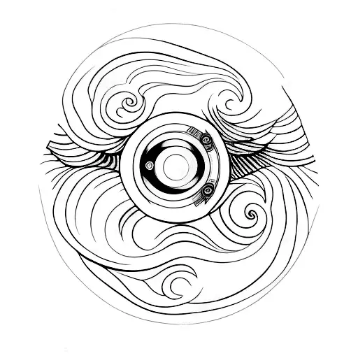 A minimalist tattoo of an ocean wave forming the shape of a camera, with crows sitting on top of the wave tattoo design idea