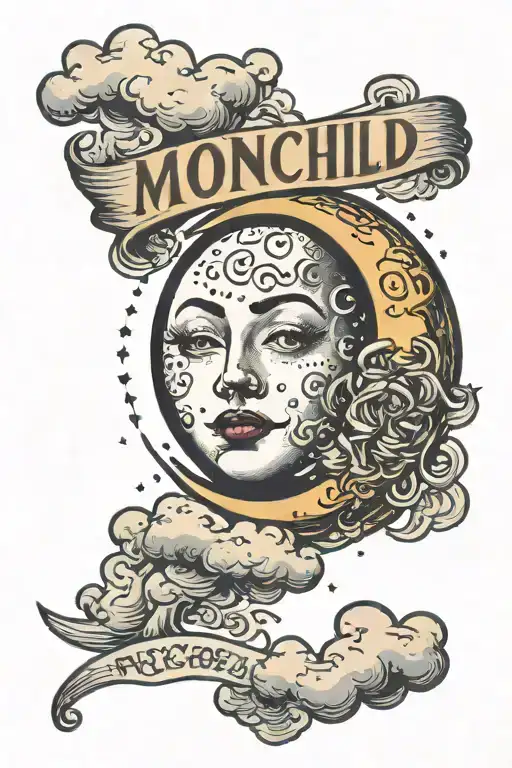 moon with the word moonchild inside, surrounded by clouds tattoo design idea