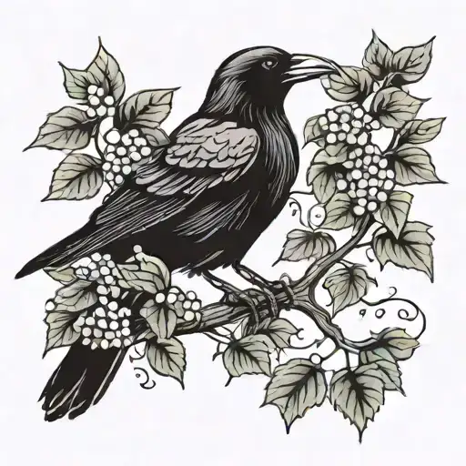 Raven sits on a branch of ivy and vine tattoo design idea